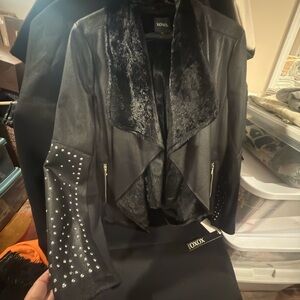 XOXO Women's Black Leather Jacket with Studded Sleeves